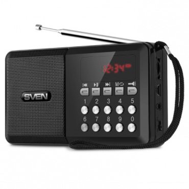 Радиоприемник Sven PS-60 RMS 3W FM, USB, SD, дисплей, часы, фонарь, питание от аккумулятора, черный